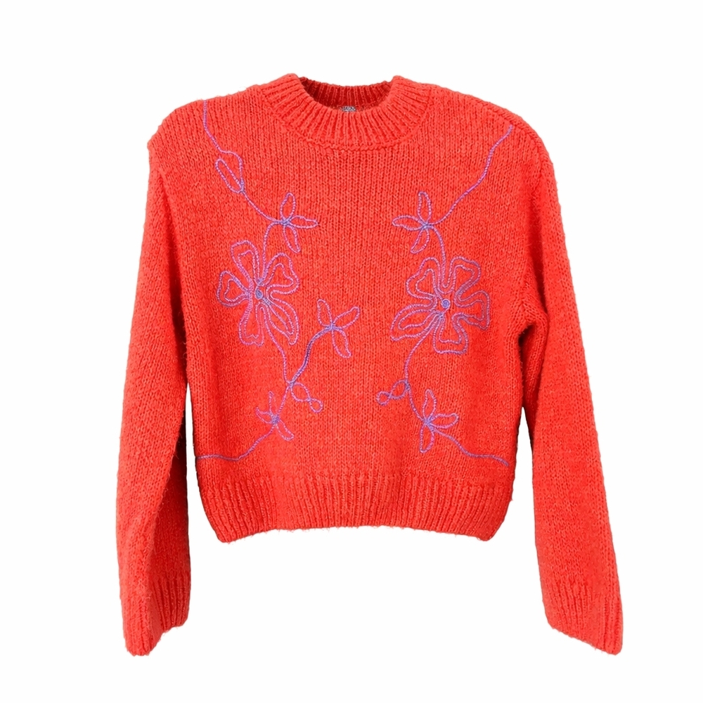 Zara Girls Floral Embroidered Knit Sweater Orange Blue Size 13/14